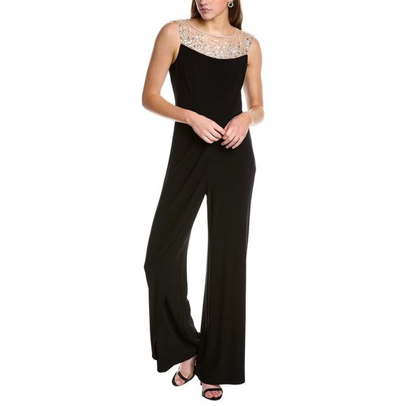 Adrianna Papell Women's Embellished Wide Leg Jumpsuit Black Size 14 Petite